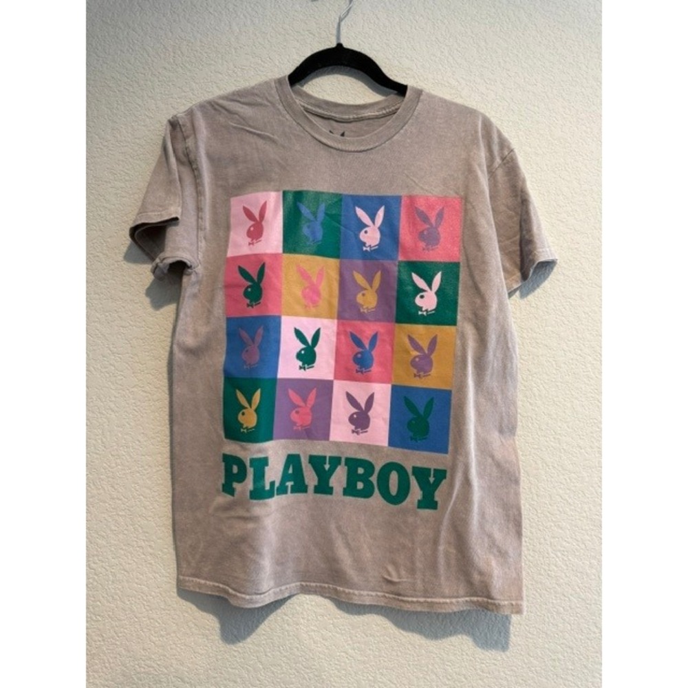 Playboy Mens Graphic T-Shirt Tan Multicolor Rabbit Head Logo Size M Streetwear